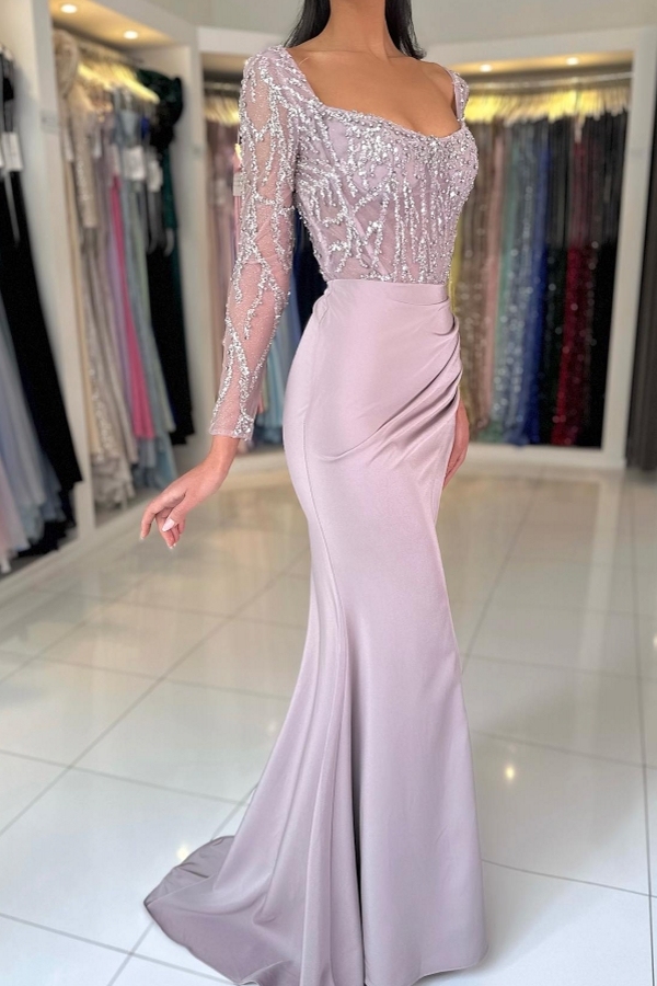Designer Abendkleid Lavendel Abiballkleider Langarm mit Glitzer