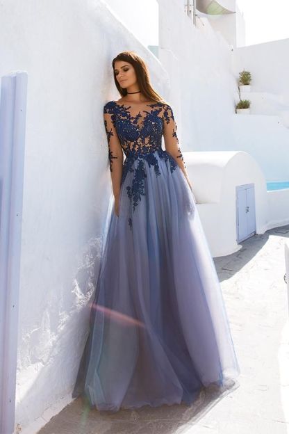 Elegante Abendkleider Lang Mit Ärmel Spitze Tüll Abiballkleider Online