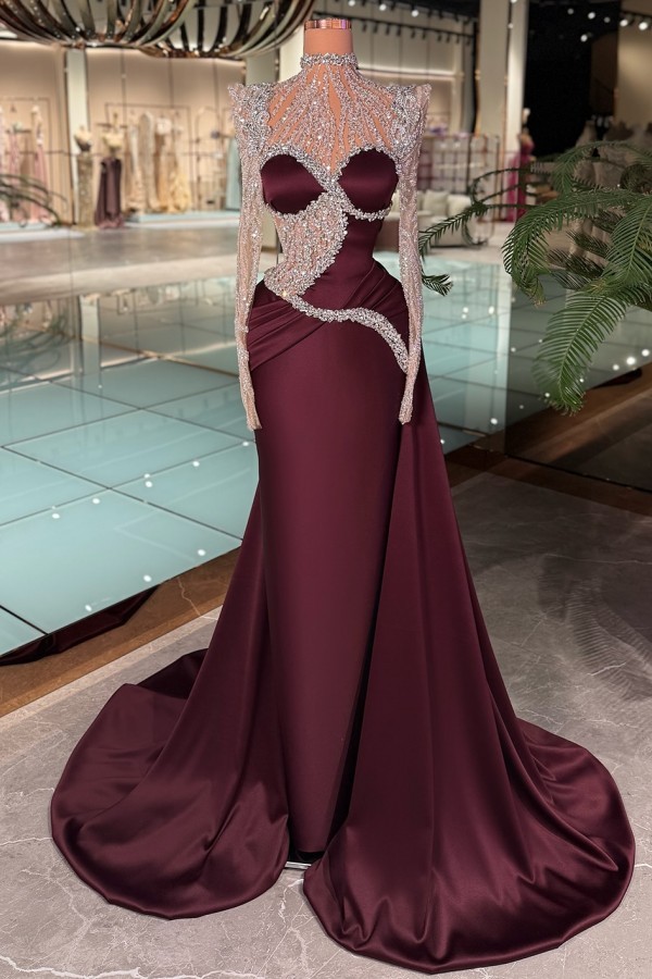 Designer Abendkleider Lang Weinrot Ballkleider Glitzer mit Ärmel