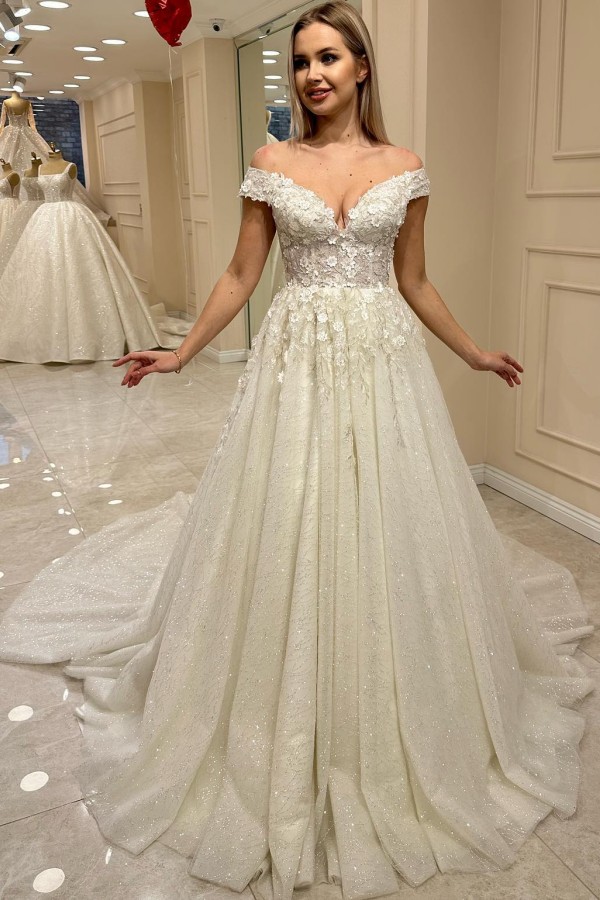 Elegantes Brautkleid A Linie Glitzer Hochzeitskleider mit Spitze