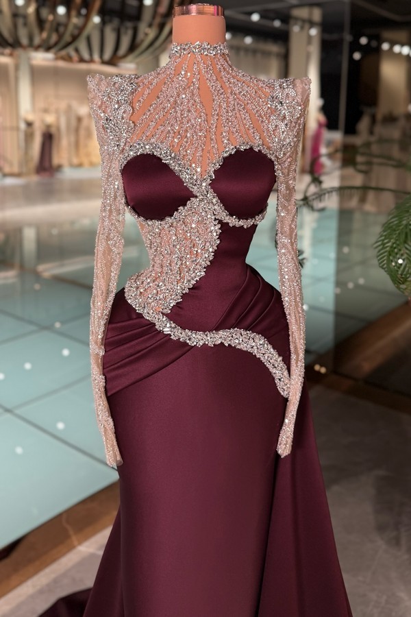 Designer Abendkleider Lang Weinrot Ballkleider Glitzer mit Ärmel