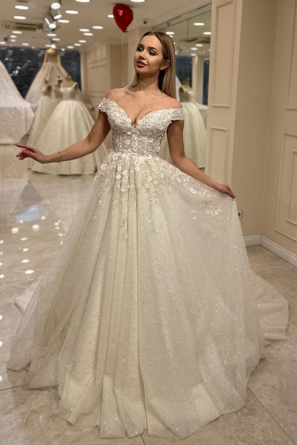 Elegantes Brautkleid A Linie Glitzer Hochzeitskleider mit Spitze