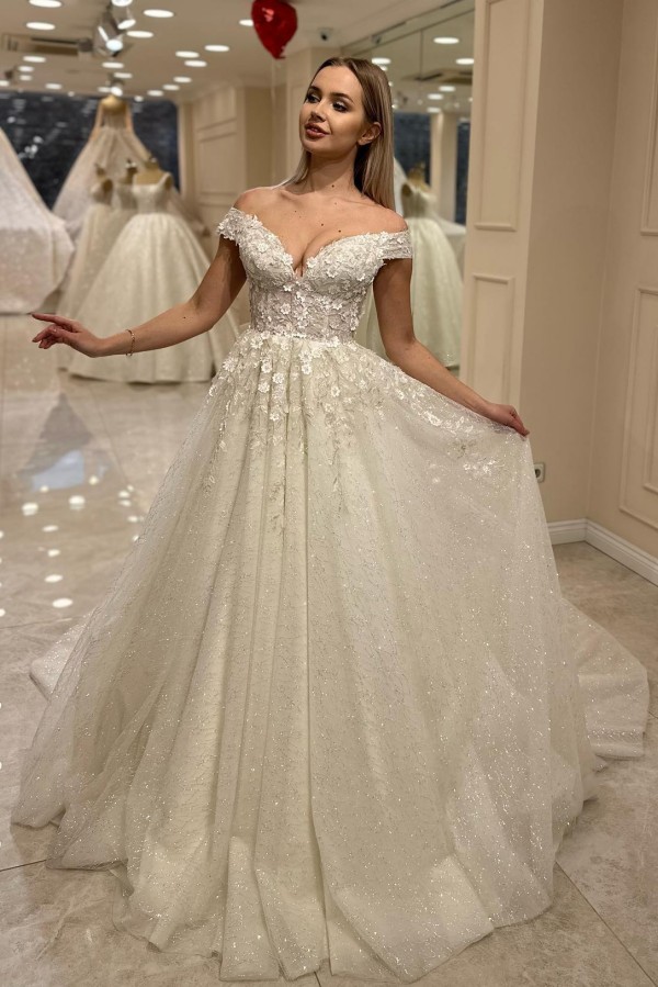 Elegantes Brautkleid A Linie Glitzer Hochzeitskleider mit Spitze