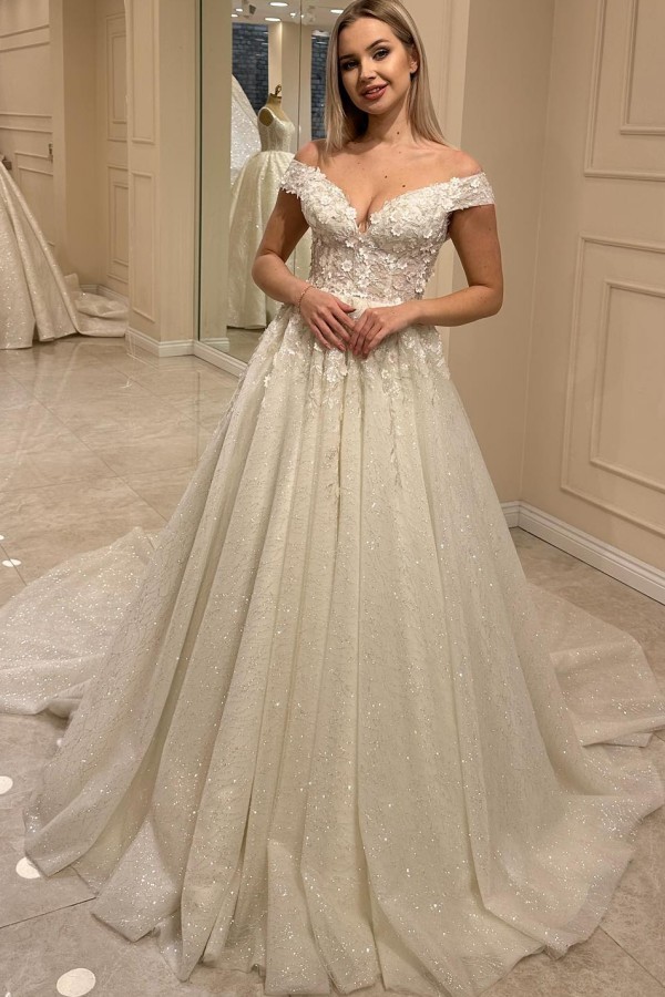 Elegantes Brautkleid A Linie Glitzer Hochzeitskleider mit Spitze