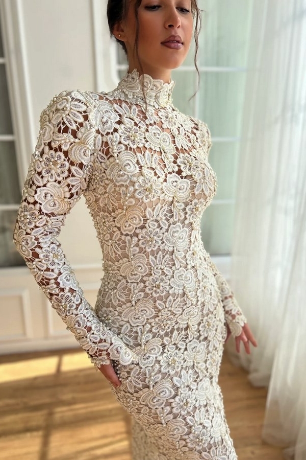 Designer Abendkleider Lang Weiß Spitze Ballkleider mit Ärmel