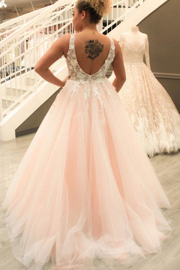 Schöne Hochzeitskleider A Linie Rosa Brautkleid V Ausschnitt Spitze
