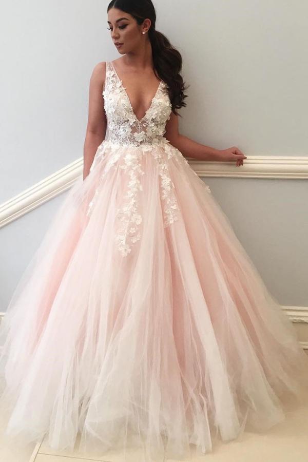 Schöne Hochzeitskleider A Linie Rosa Brautkleid V Ausschnitt Spitze