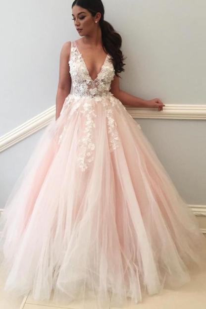 Schöne Hochzeitskleider A Linie Rosa Brautkleid V Ausschnitt Spitze
