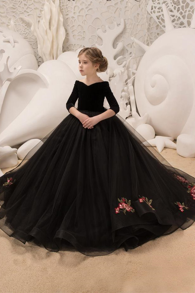 Schwarze Blumenmädchenkleider Langarm | Blumenmädchen Kleider Kinder-babyonlinedressde