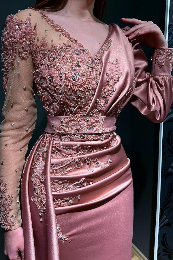 Designer Abendkleid Lang Rosa | Abiballkleider mit Ärmel