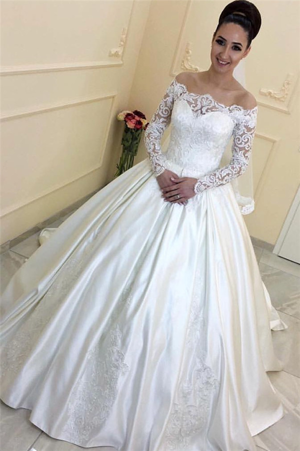 Weiße Hochzeitskleider Mit Lange Ärmel Schulterfrei Satin Brautkleider Brautmoden Mit Spitze