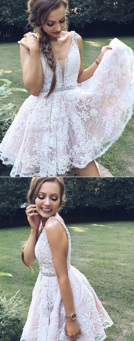 Günstige Cocktailkleider Kurz Spitze Weiße Mini Abendkleider Abiballkleider Online-babyonlinedressde