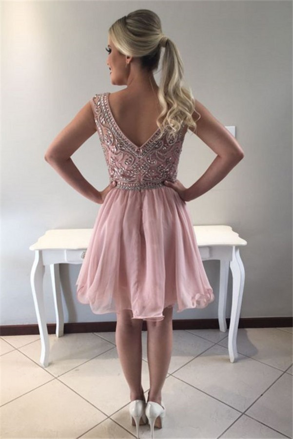 Rosa Cocktailkleider Knielang Chiffon Perlen Cocktailkleid Kurze Online Kaufen