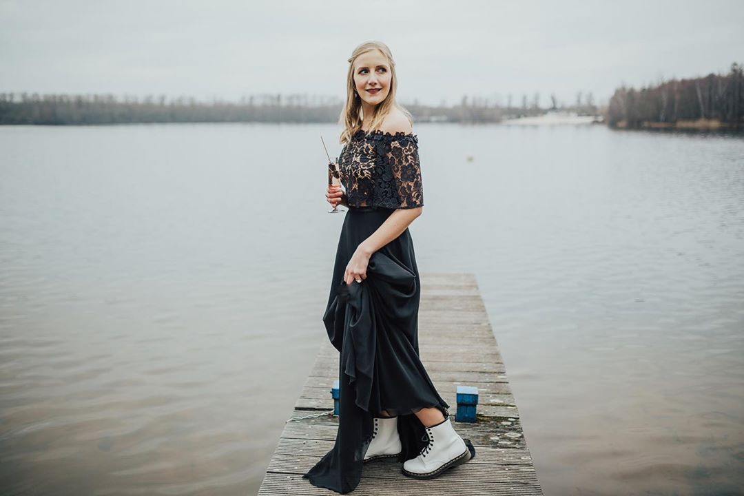 2 Teilige Brautkleid Schwarz | Hochzeitskleid Mit Spitzelärmel
