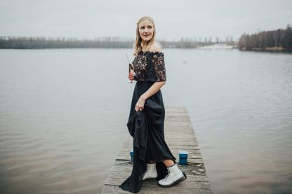 2 Teilige Brautkleid Schwarz | Hochzeitskleid Mit Spitzelärmel