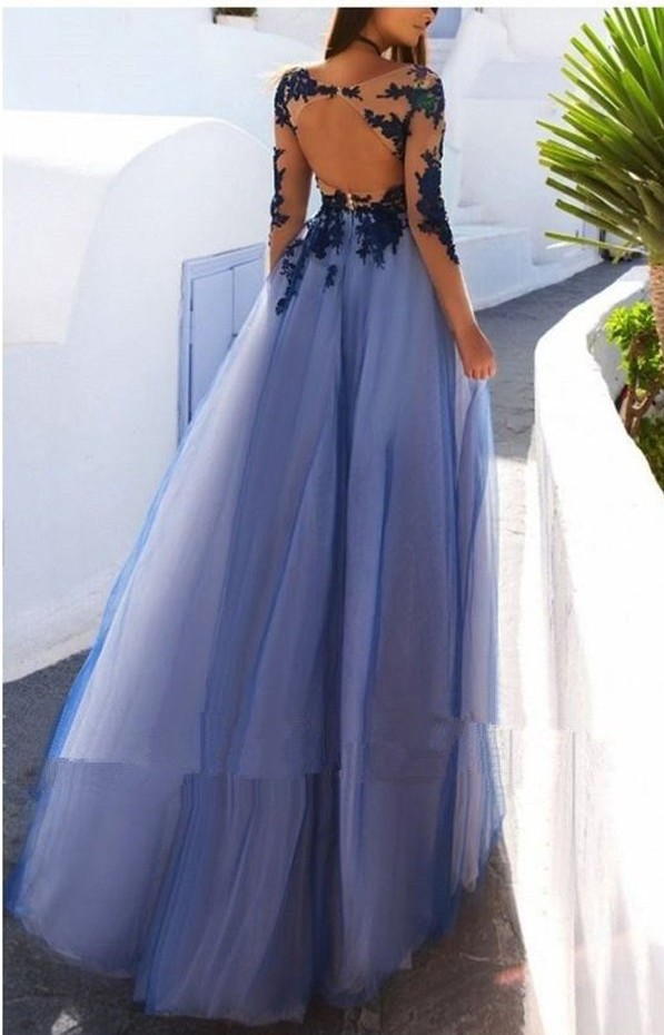 Elegante Abendkleider Lang Mit Ärmel Spitze Tüll Abiballkleider Online