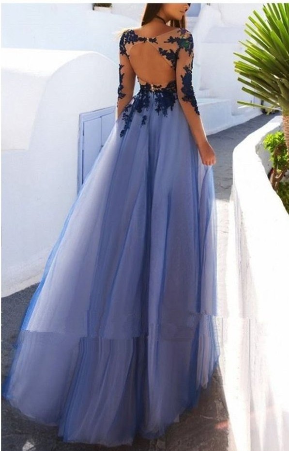 Elegante Abendkleider Lang Mit Ärmel Spitze Tüll Abiballkleider Online