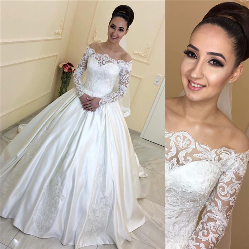 Weiße Hochzeitskleider Mit Lange Ärmel Schulterfrei Satin Brautkleider Brautmoden Mit Spitze