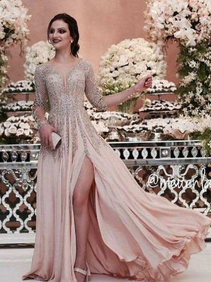 Luxury Champagner Abendkleider Lang Chiffon Bodenlang Abendmoden Abiballkleider Mit Ärmel Günstig-babyonlinedressde