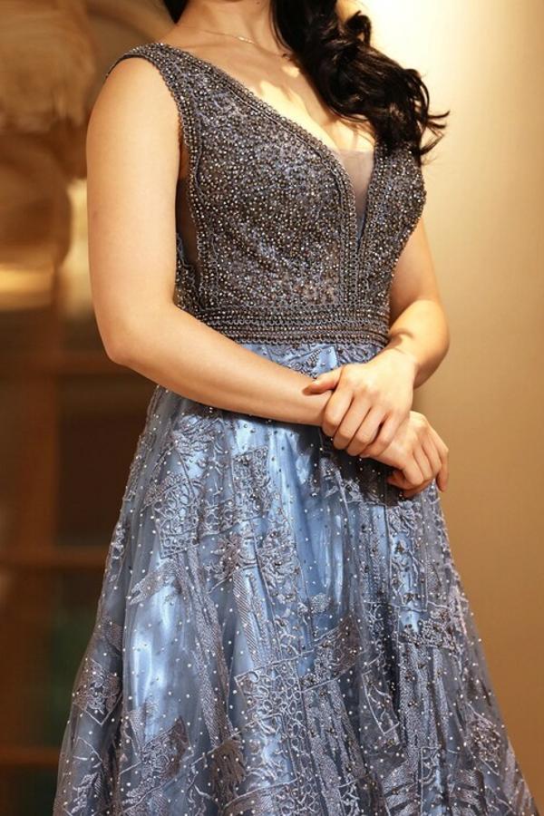 Blaues Abendkleid Lang V Ausschnitt | Abiballkleider mit Glitzer