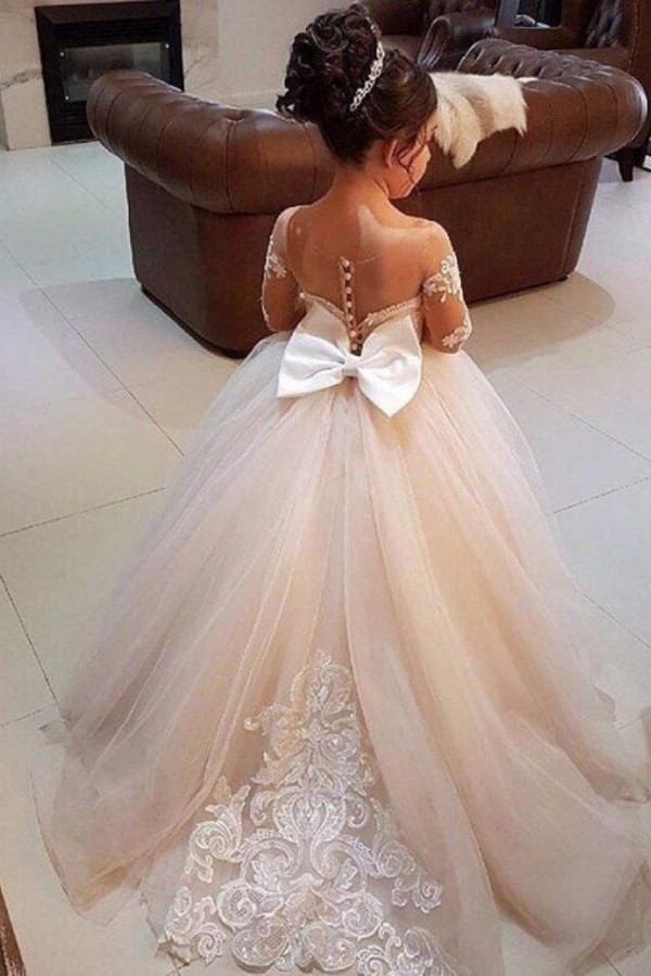 Günstige Blumenmädchenkleider Mit Ärmel Spitze A Line Tüll Kleider für Blumenmädchen Hochzeitskleider