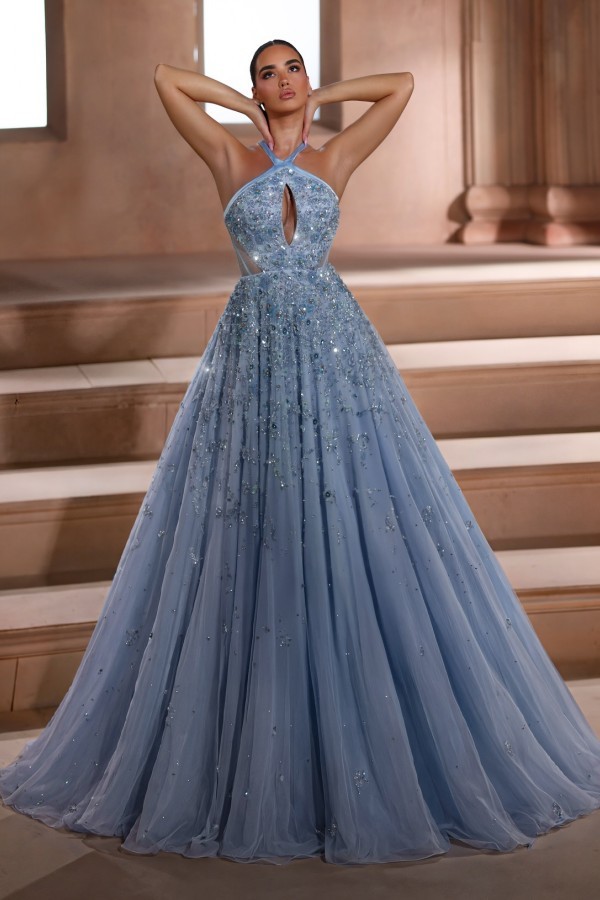 Vintage Abendkleider Lang Blau Prinzessin Ballkleider mit Glitzer