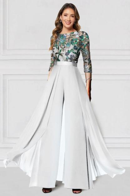 Festliche Hosenanzüge Lang Glitzer | Chiffon Schwarz Brautmutterkleider mit Ärmel