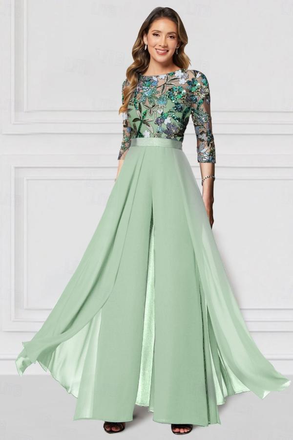 Festliche Hosenanzüge Lang Glitzer | Chiffon Schwarz Brautmutterkleider mit Ärmel
