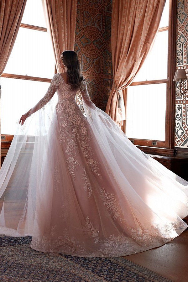 Elegant Evening Dresses Long Pink Lace Ball Gowns with Sleeves