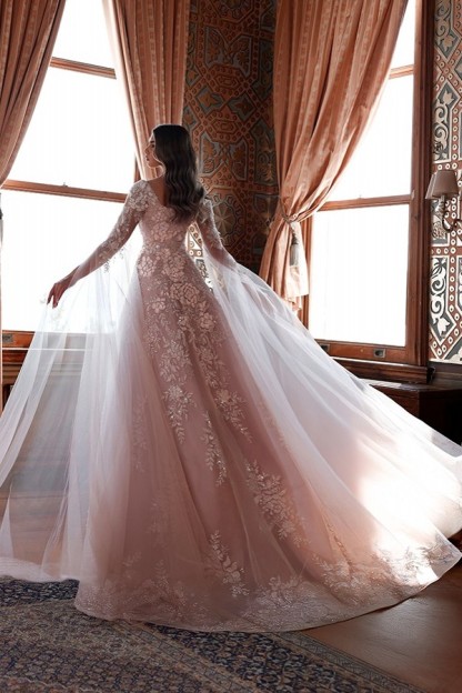 Elegant Evening Dresses Long Pink Lace Ball Gowns with Sleeves