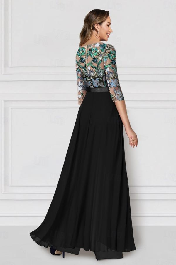 Festliche Hosenanzüge Lang Glitzer | Chiffon Schwarz Brautmutterkleider mit Ärmel