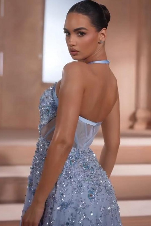 Vintage Abendkleider Lang Blau Prinzessin Ballkleider mit Glitzer