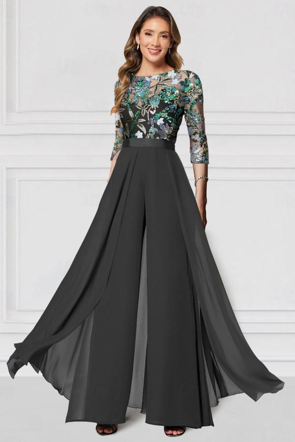 Festliche Hosenanzüge Lang Glitzer | Chiffon Schwarz Brautmutterkleider mit Ärmel