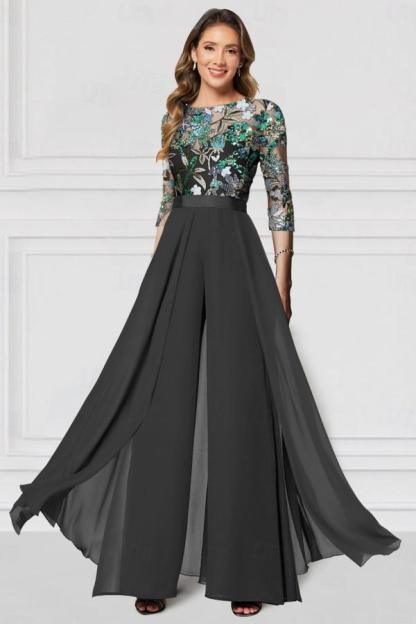 Festliche Hosenanzüge Lang Glitzer | Chiffon Schwarz Brautmutterkleider mit Ärmel
