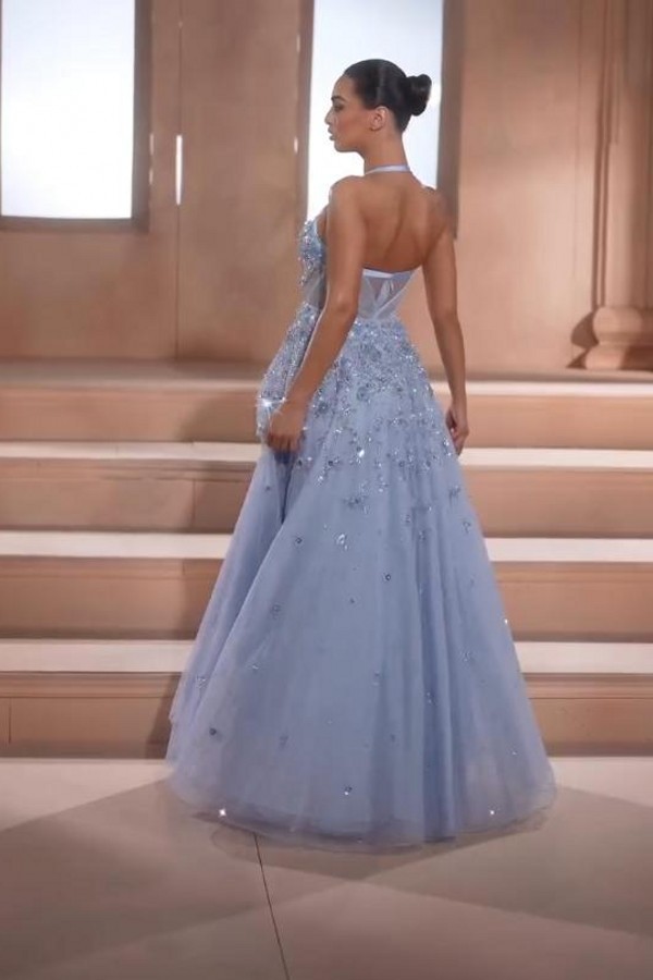 Vintage Abendkleider Lang Blau Prinzessin Ballkleider mit Glitzer