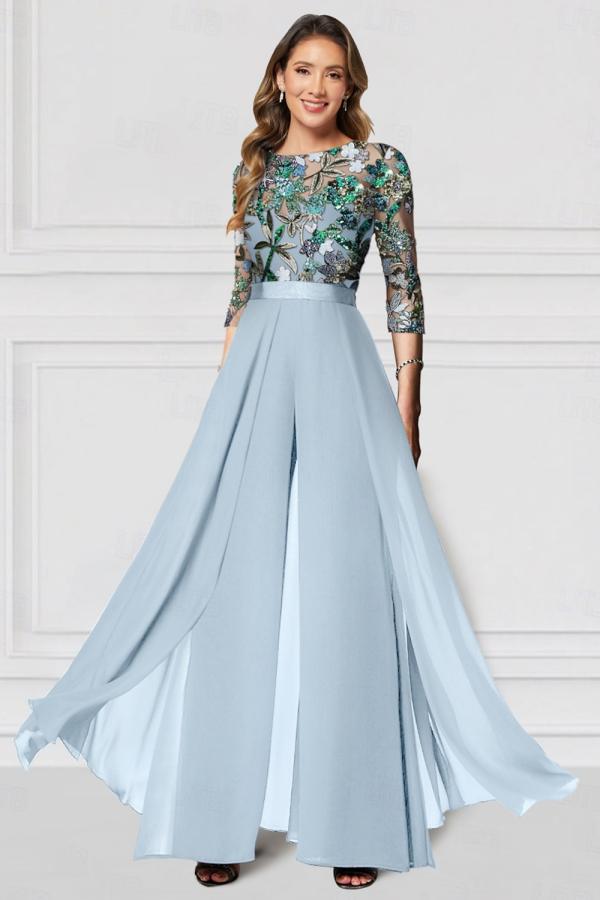 Festliche Hosenanzüge Lang Glitzer | Chiffon Schwarz Brautmutterkleider mit Ärmel