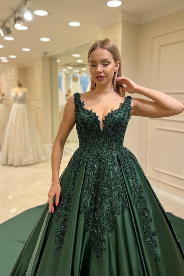 Dunkel Grüne Abendkleider Lang Prinzessin Ballkleider Mit Glitzer