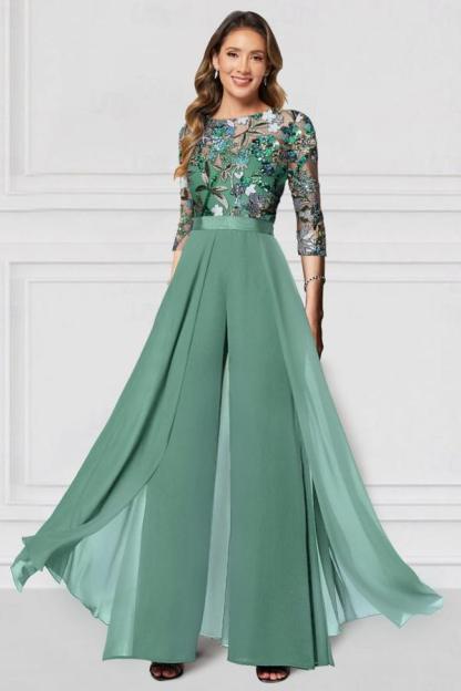 Festliche Hosenanzüge Lang Glitzer | Chiffon Schwarz Brautmutterkleider mit Ärmel