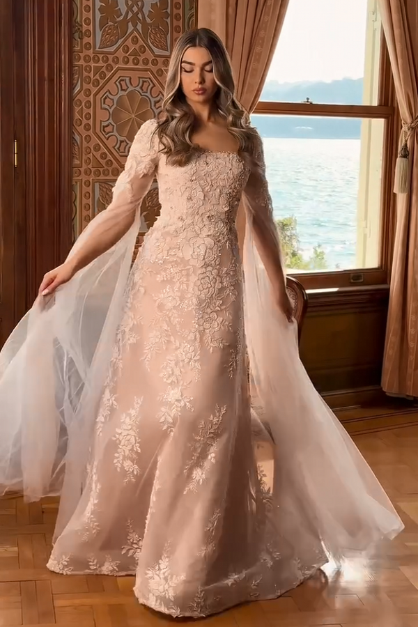 Elegant Evening Dresses Long Pink Lace Ball Gowns with Sleeves