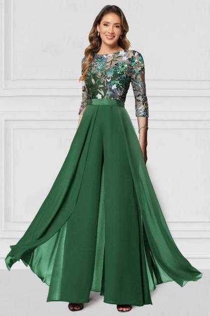 Festliche Hosenanzüge Lang Glitzer | Chiffon Schwarz Brautmutterkleider mit Ärmel