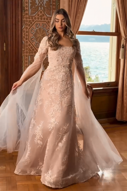 Elegant Evening Dresses Long Pink Lace Ball Gowns with Sleeves