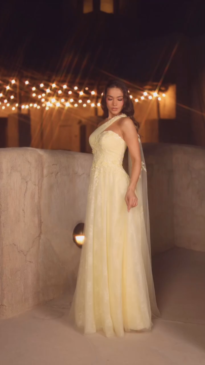 Designer Abendkleid Lang Gelb Spitze Ballkleider Günstig Online