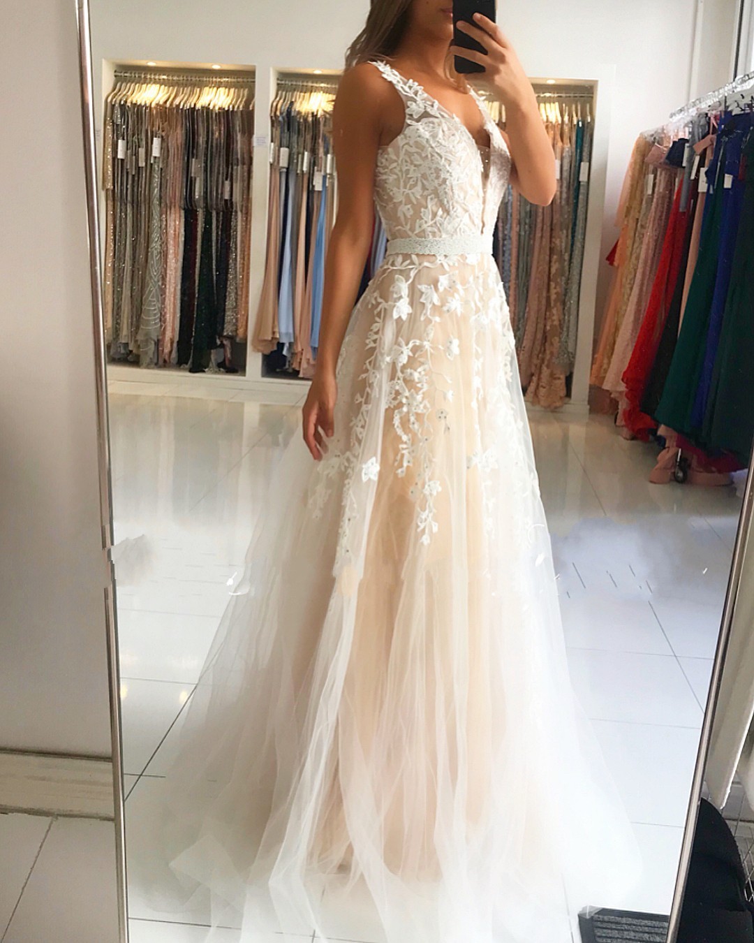 Elegante Abendkleider Spitze Lang | Weißes Abendkleid Bodenlang