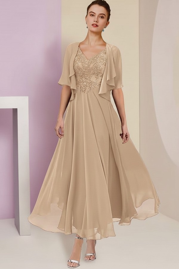 Elegant Rosa Brautmutterkleider Chiffon | Mutterkleider mit V-Ausschnitt