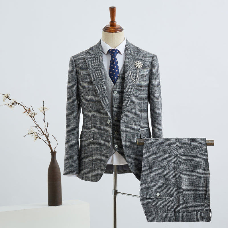 Broderick Gray Small Plaid Notched Lapel One Button Tailored Business Suit-babyonlinedressde