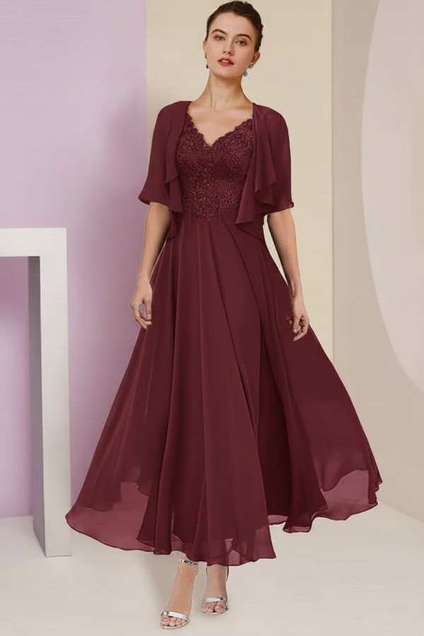 Elegant Rosa Brautmutterkleider Chiffon | Mutterkleider mit V-Ausschnitt