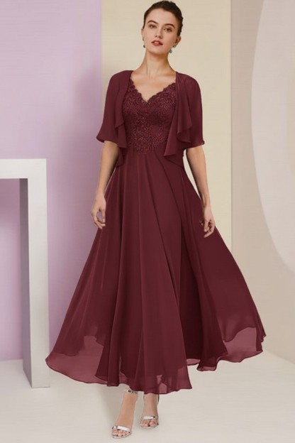 Elegant Rosa Brautmutterkleider Chiffon | Mutterkleider mit V-Ausschnitt