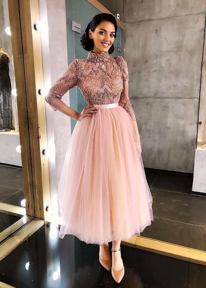 Elegante Rosa Cocktailkleider Kurz | Abiballkleider Mit Spitze Ärmel-babyonlinedressde