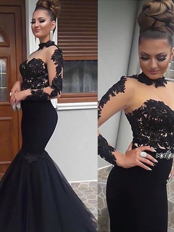 Elegante Abendkleider Lang Schwarz Mit Ärmel Spitze Meerjungfrau Abiballkleider Abendmoden Online
