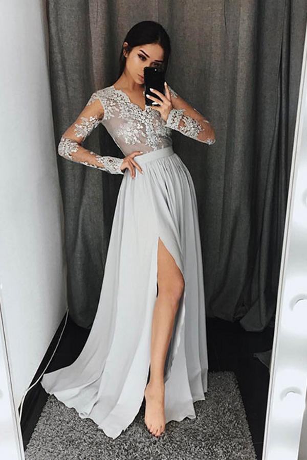 Silber Abendkleider Lang Mit Ärmel Chiffon Abendkleider Spitze Online